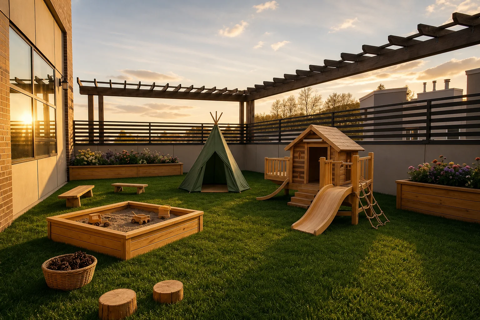 Juno's rooftop play area at golden hour — cedar playhouse with slide, sandbox, green teepee, and planter boxes in bloom