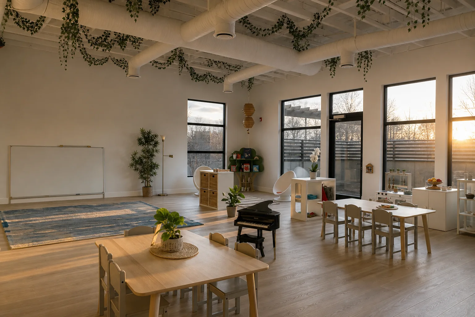 The full Juno classroom at golden hour — sunlit tables, the toy piano, and ivy overhead