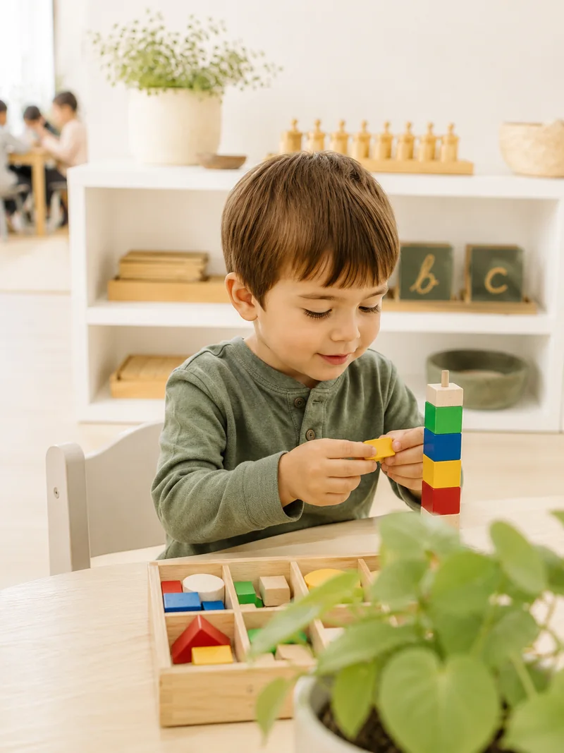 A boy stacking a tower of coloured blocks at a low table, a sorting box of wooden shapes beside him