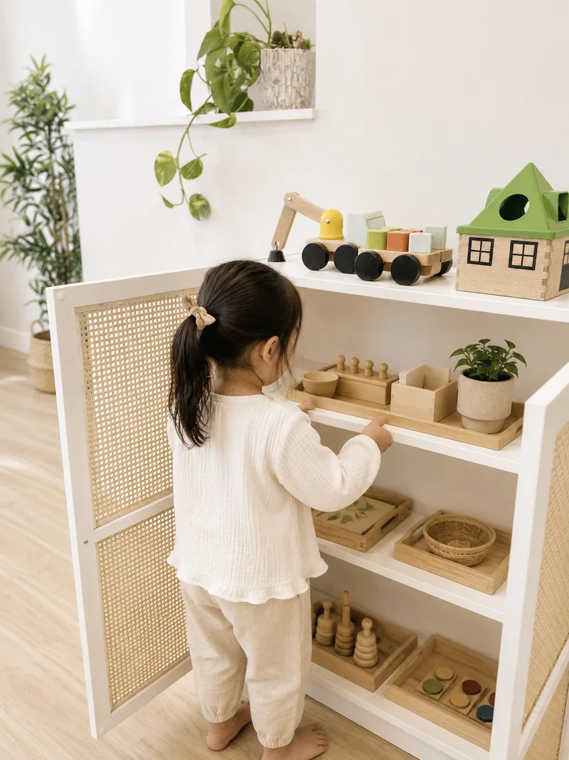 A girl reaching for a wooden tray on a low rattan-front shelf stocked with materials