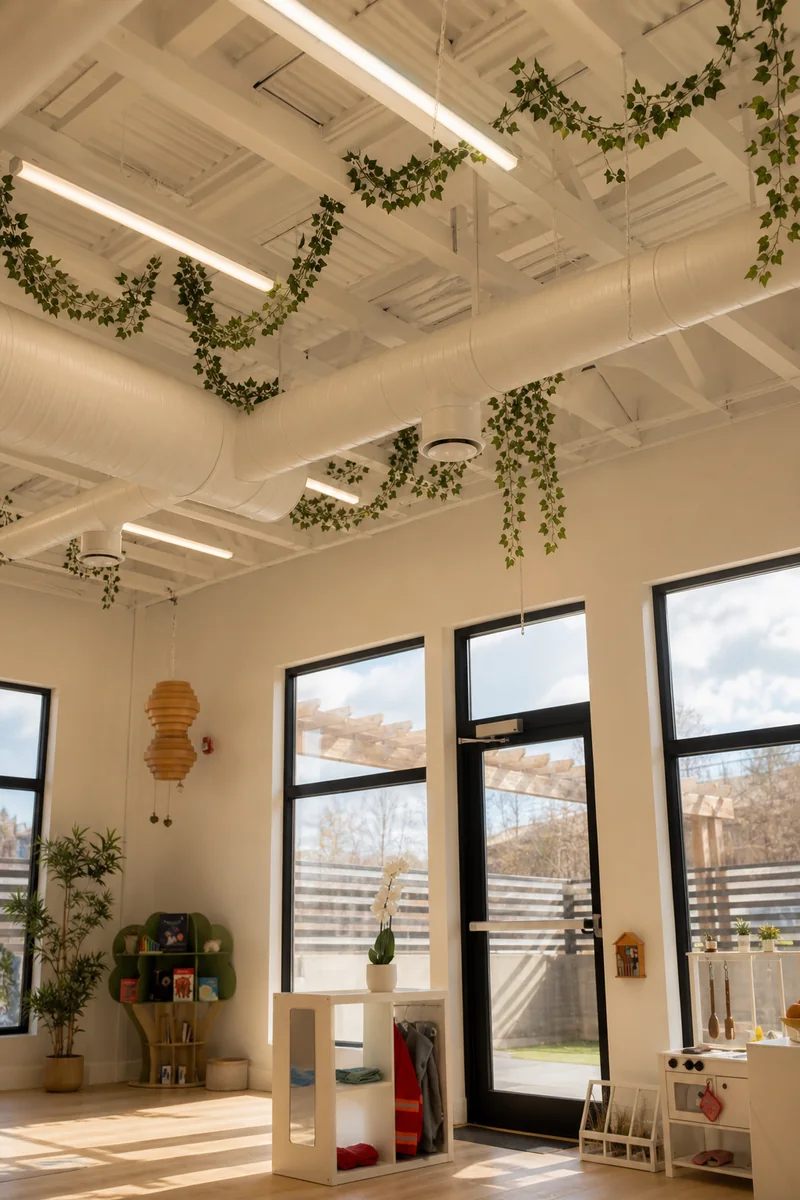 Trailing ivy garlands on the white ceiling above the tall classroom windows