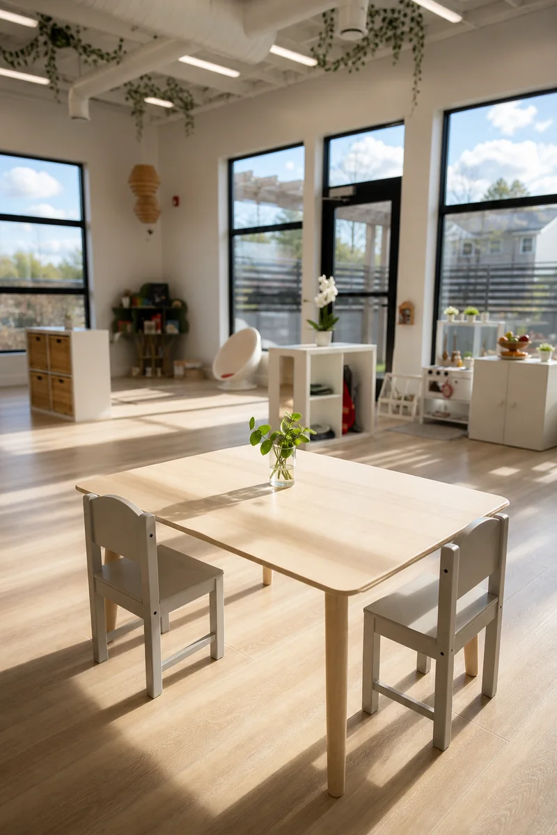 A child-sized table with two small chairs and a vase of greenery, morning shadows across the floor