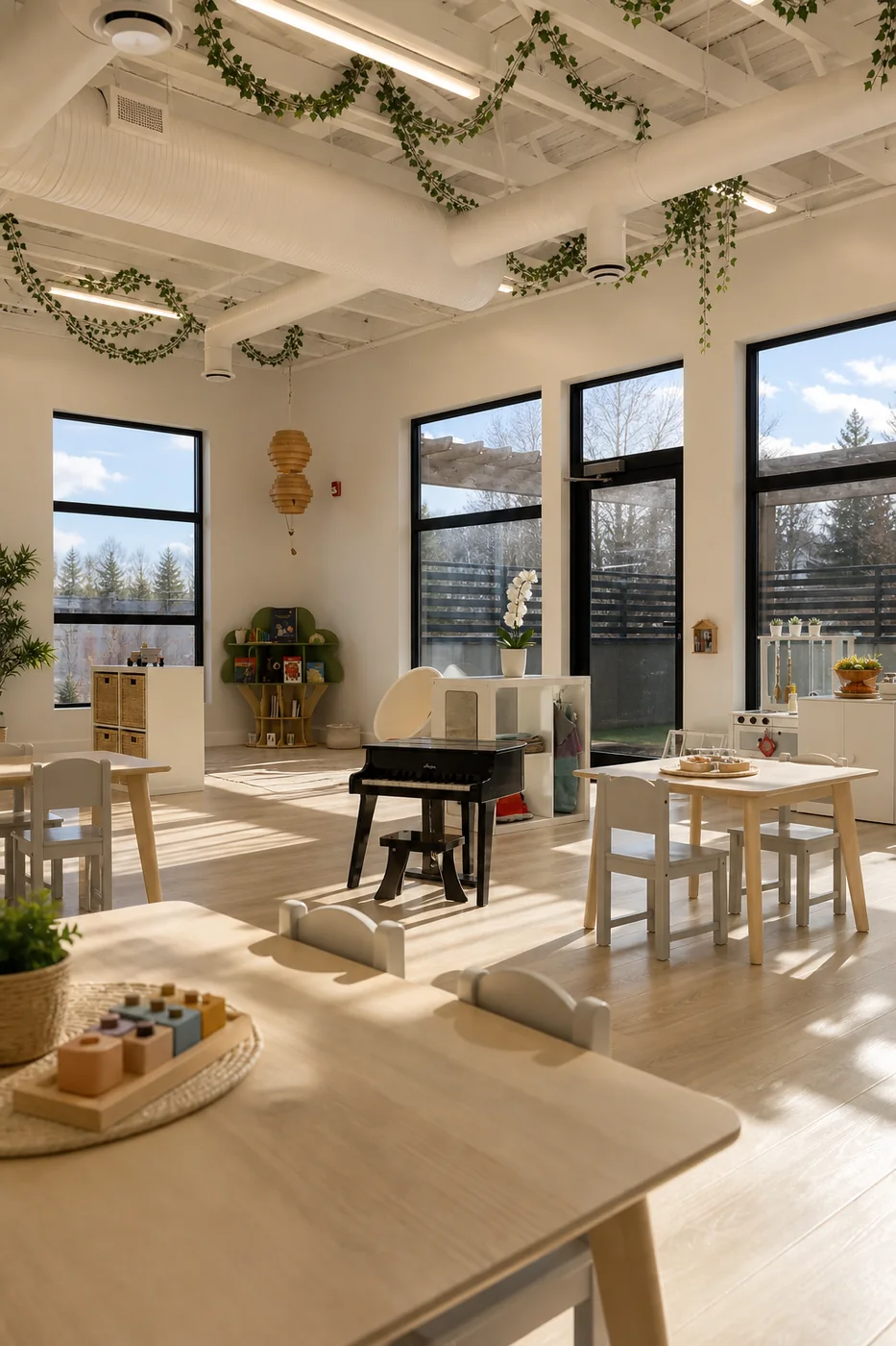 The Juno classroom in morning light — blond-wood tables, trailing ivy on the white ceiling, tall black-framed windows