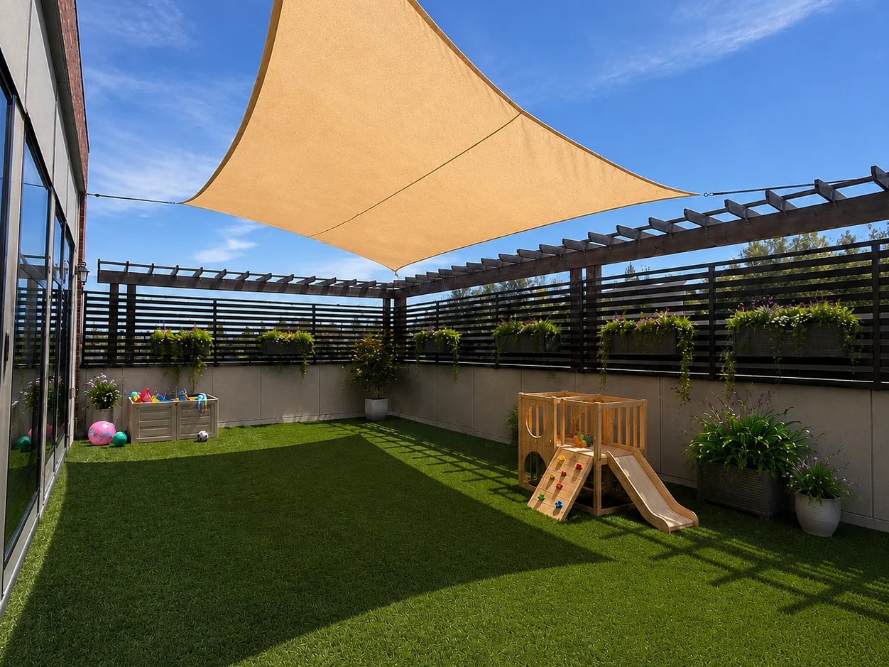 Juno's rooftop play area: a shade sail over artificial turf, cedar playhouse with slide and climbing wall, and planter boxes along the pergola