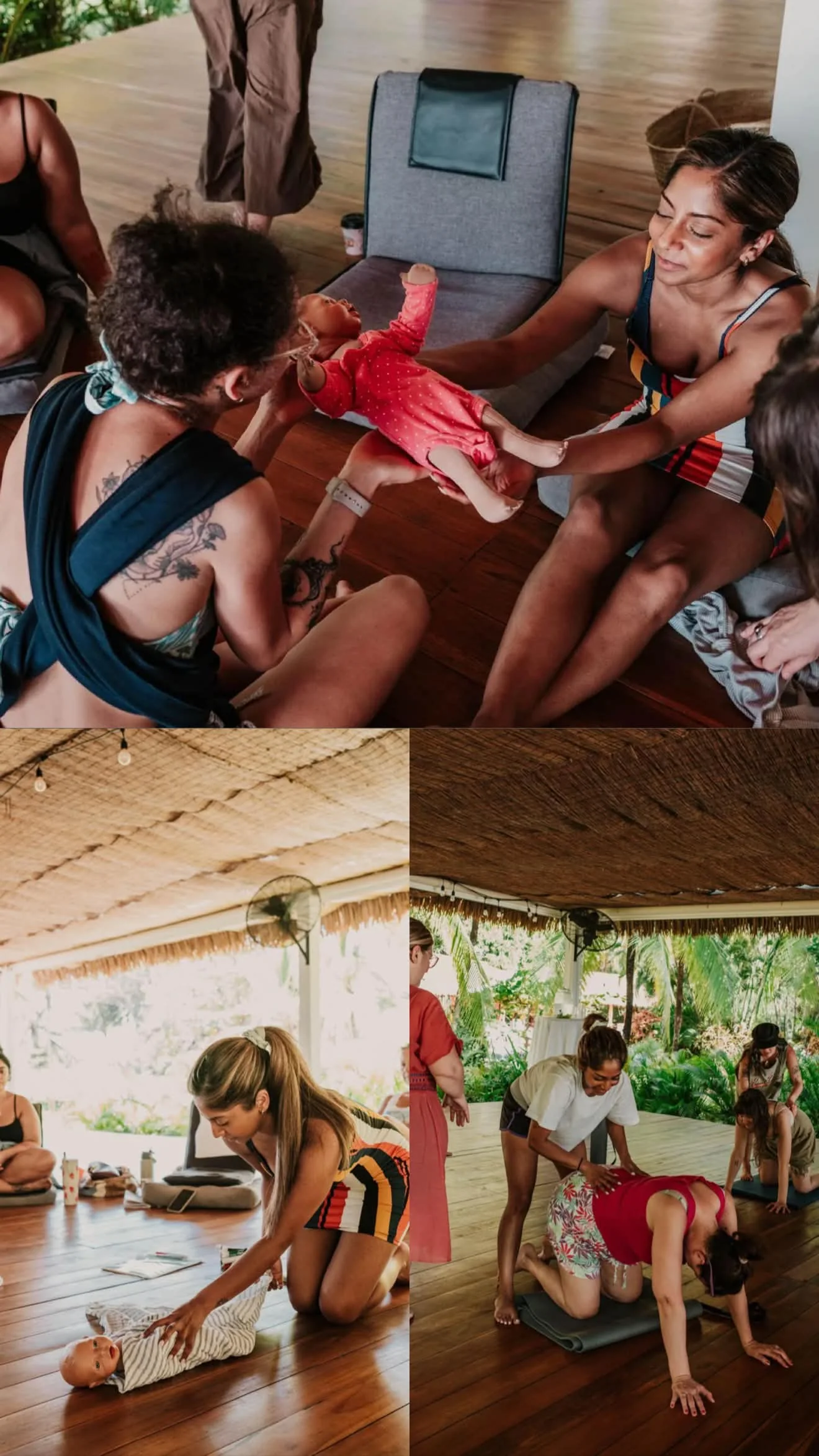 Three photographs from doula training in Costa Rica: practicing infant care with a doll, swaddling practice, and hands-on labour support in the open-air pavilion
