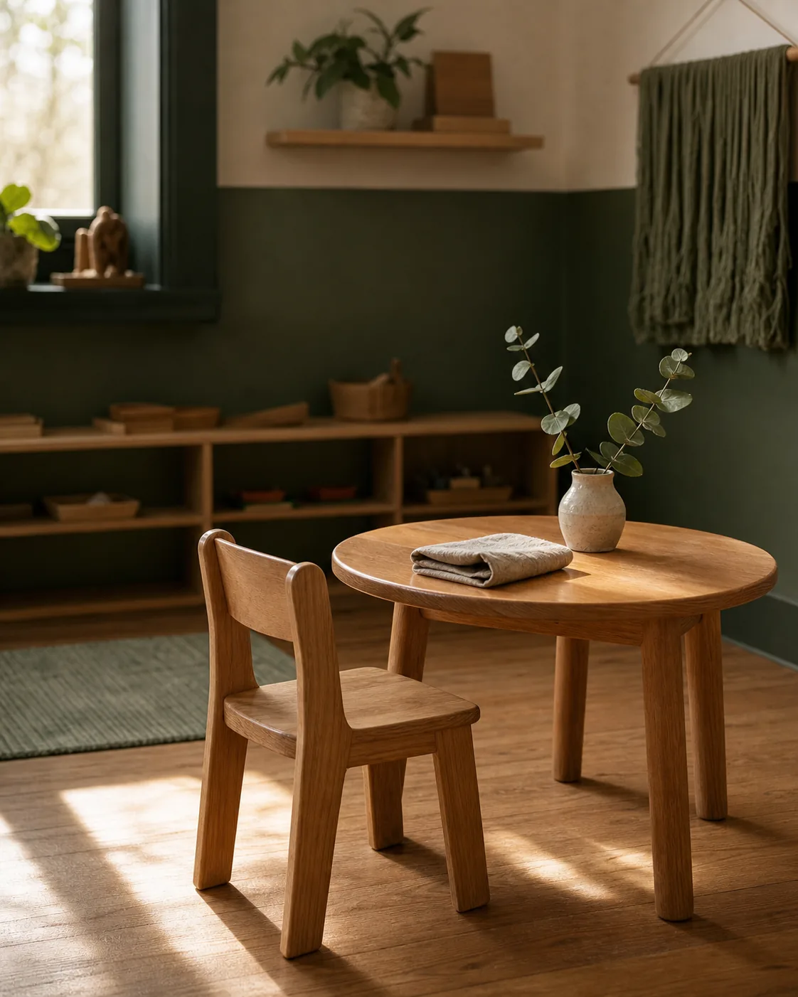 A child-sized wooden chair and round table set with a small vase of greenery and a folded linen napkin