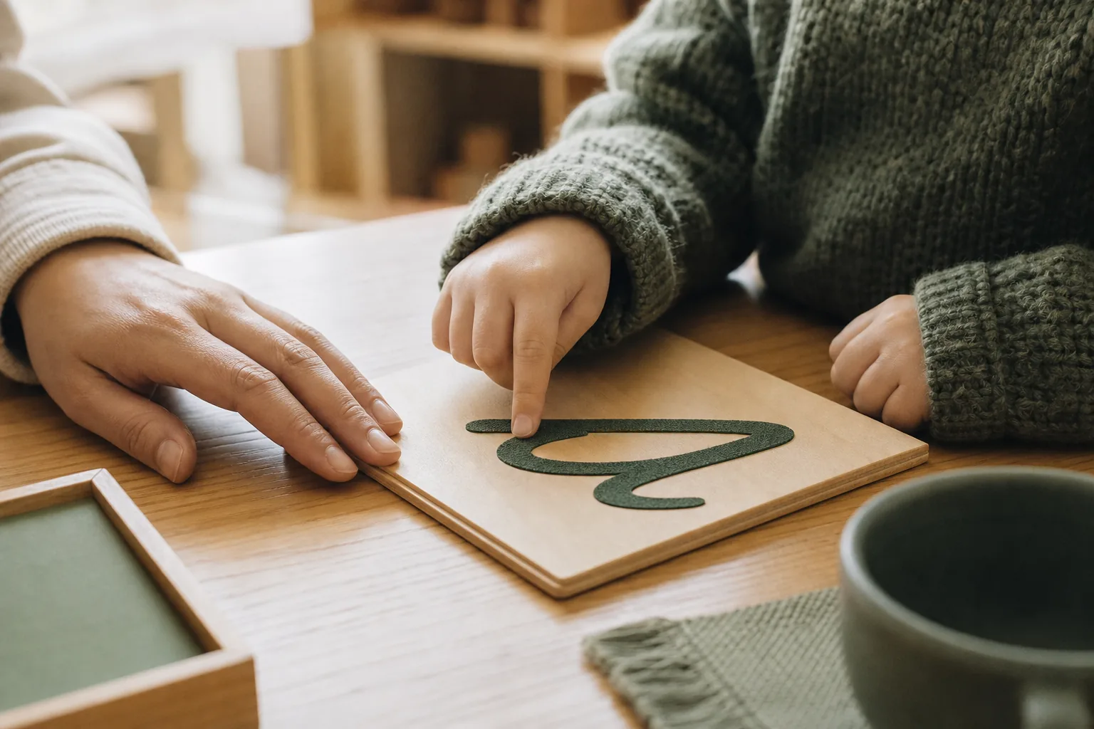 An adult's hand resting beside a child's hand as the child traces a sandpaper letter