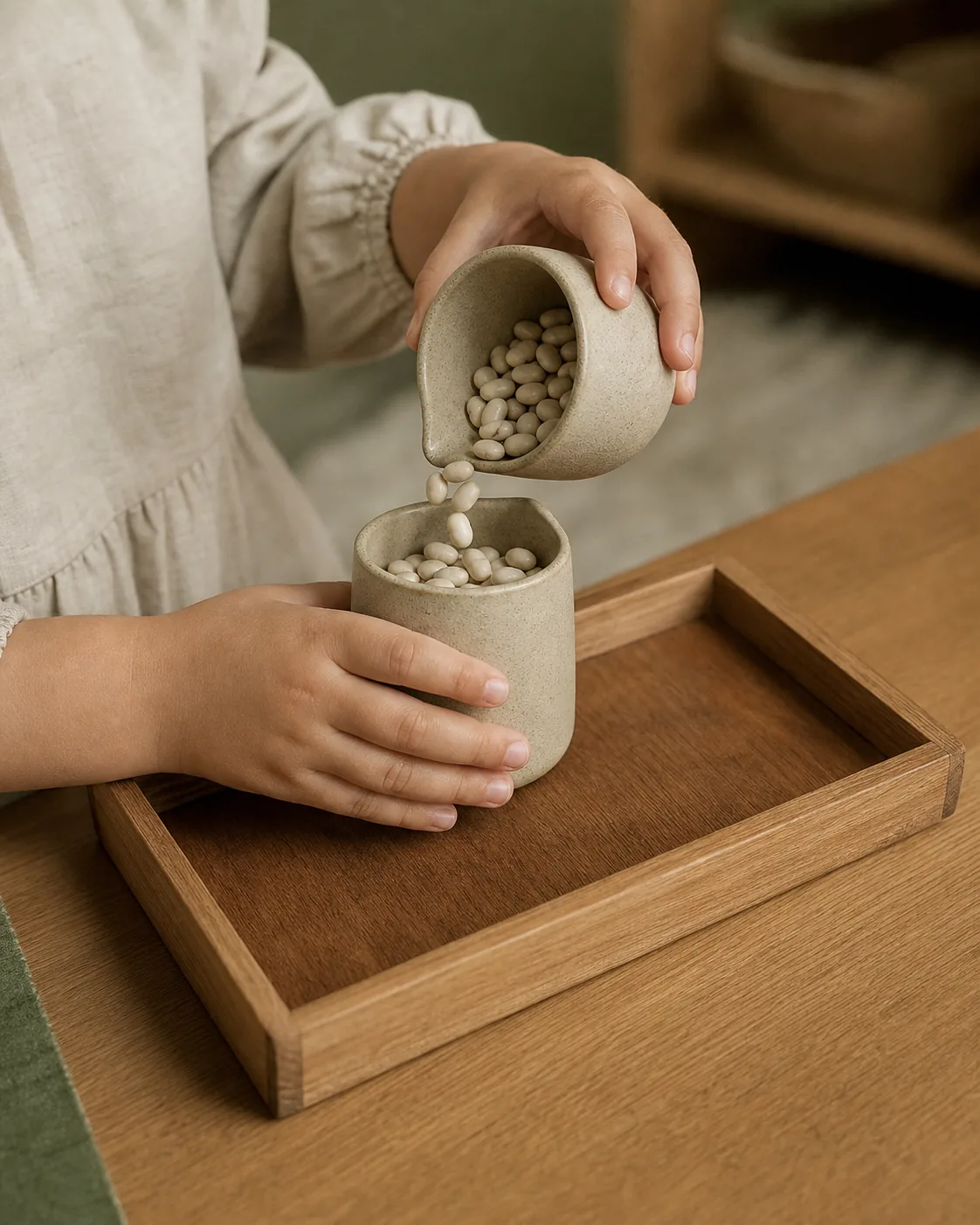 A child's hands pouring dried beans between two small ceramic jugs on a wooden tray