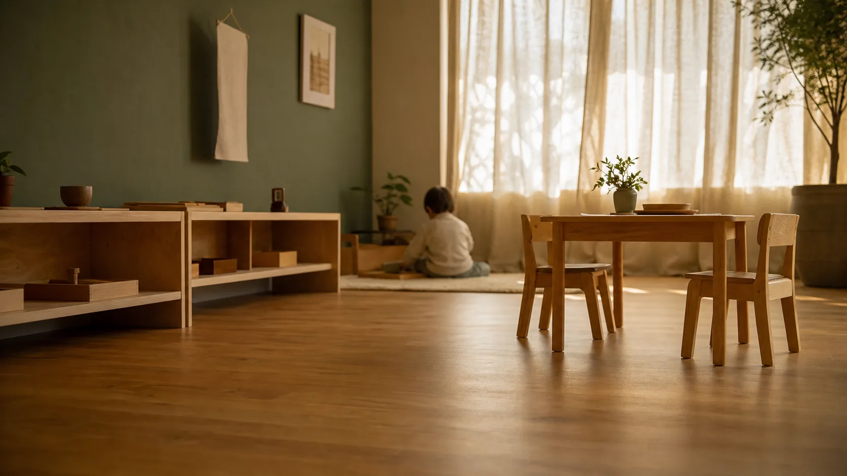 A quiet Montessori classroom in morning light, low wooden shelves and a child at work on a rug