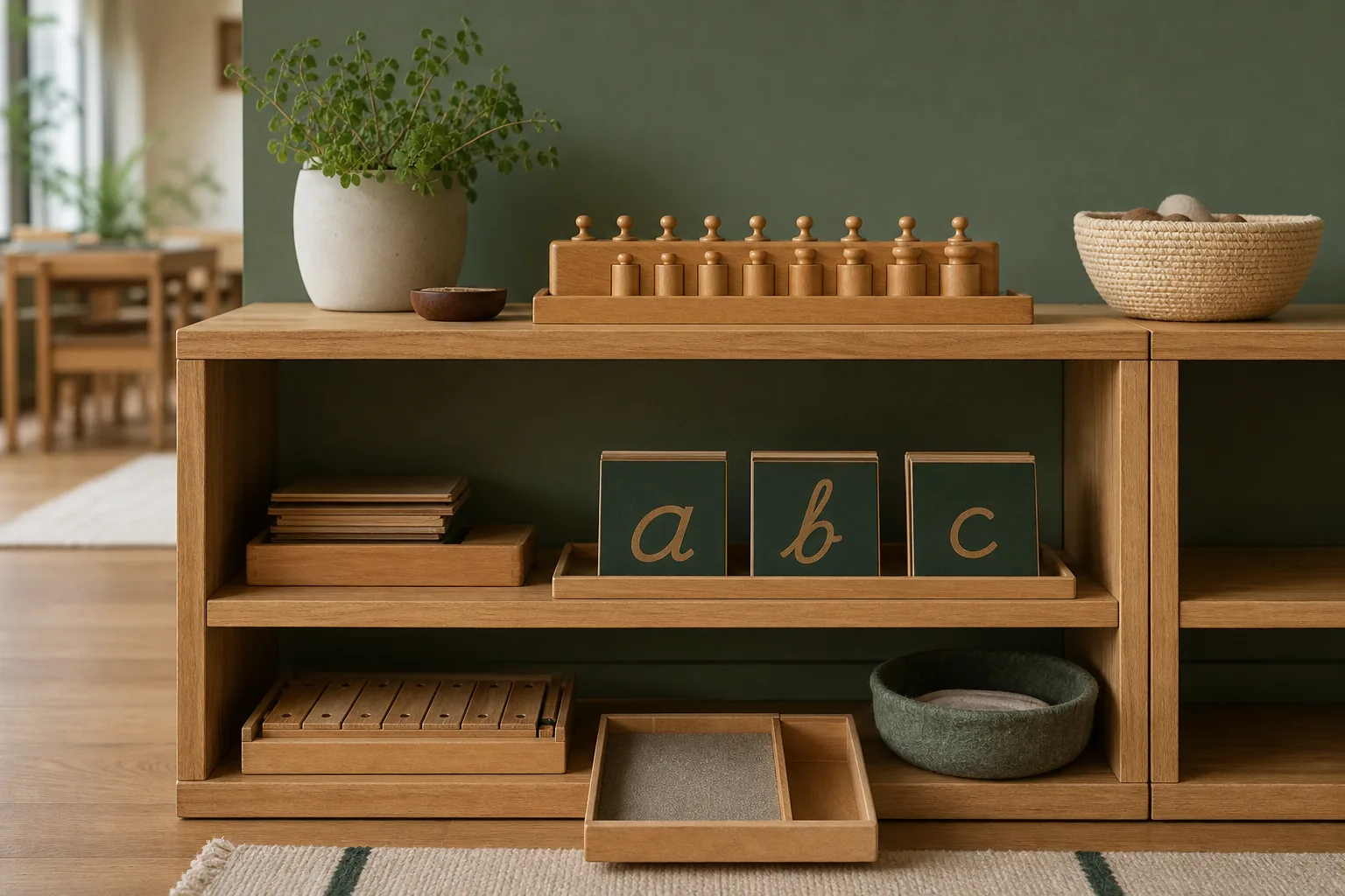 A low wooden shelf of Montessori materials — cylinder blocks, sandpaper letters, and a tray pulled forward
