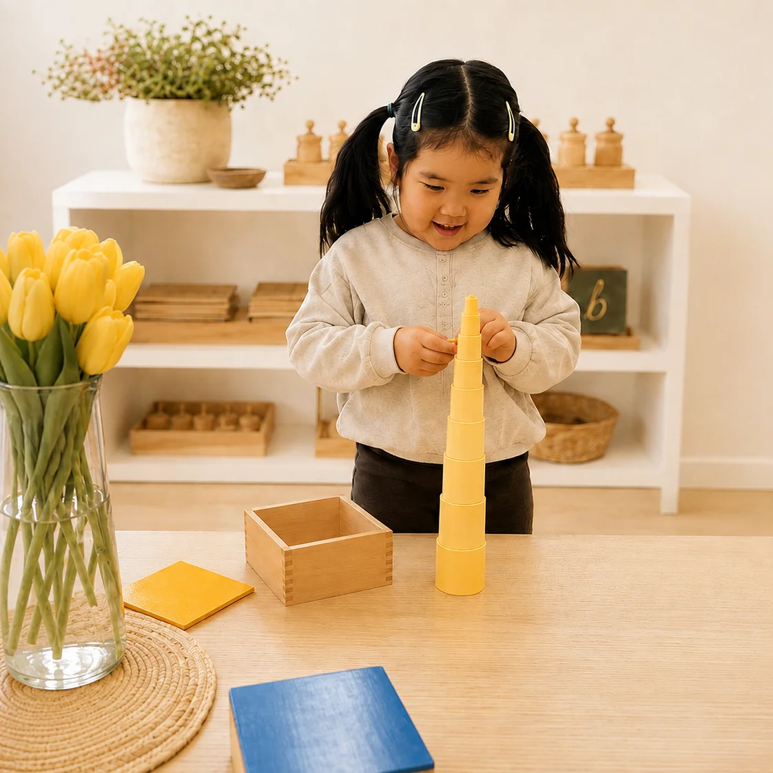A young girl carefully placing the top cup on a yellow stacking tower at a classroom table